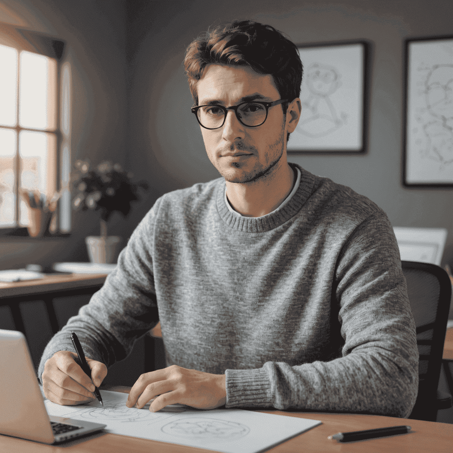 Portrait of a professional-looking animator with short brown hair, wearing glasses and a grey sweater, sitting at a desk with a digital drawing tablet