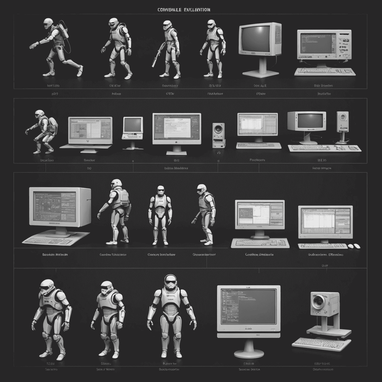 A timeline showing the evolution of computer animation from early wireframe models to modern photorealistic 3D renders