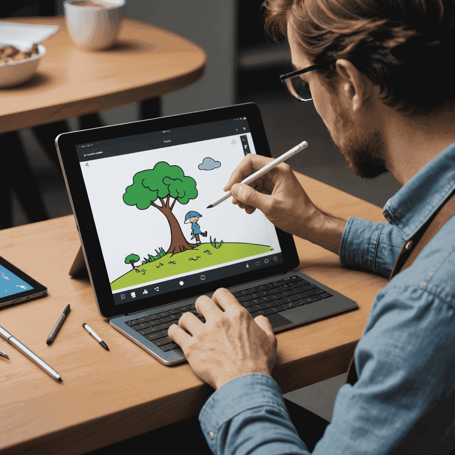 An artist using Flipaclip software on a tablet to create a 2D animation sequence