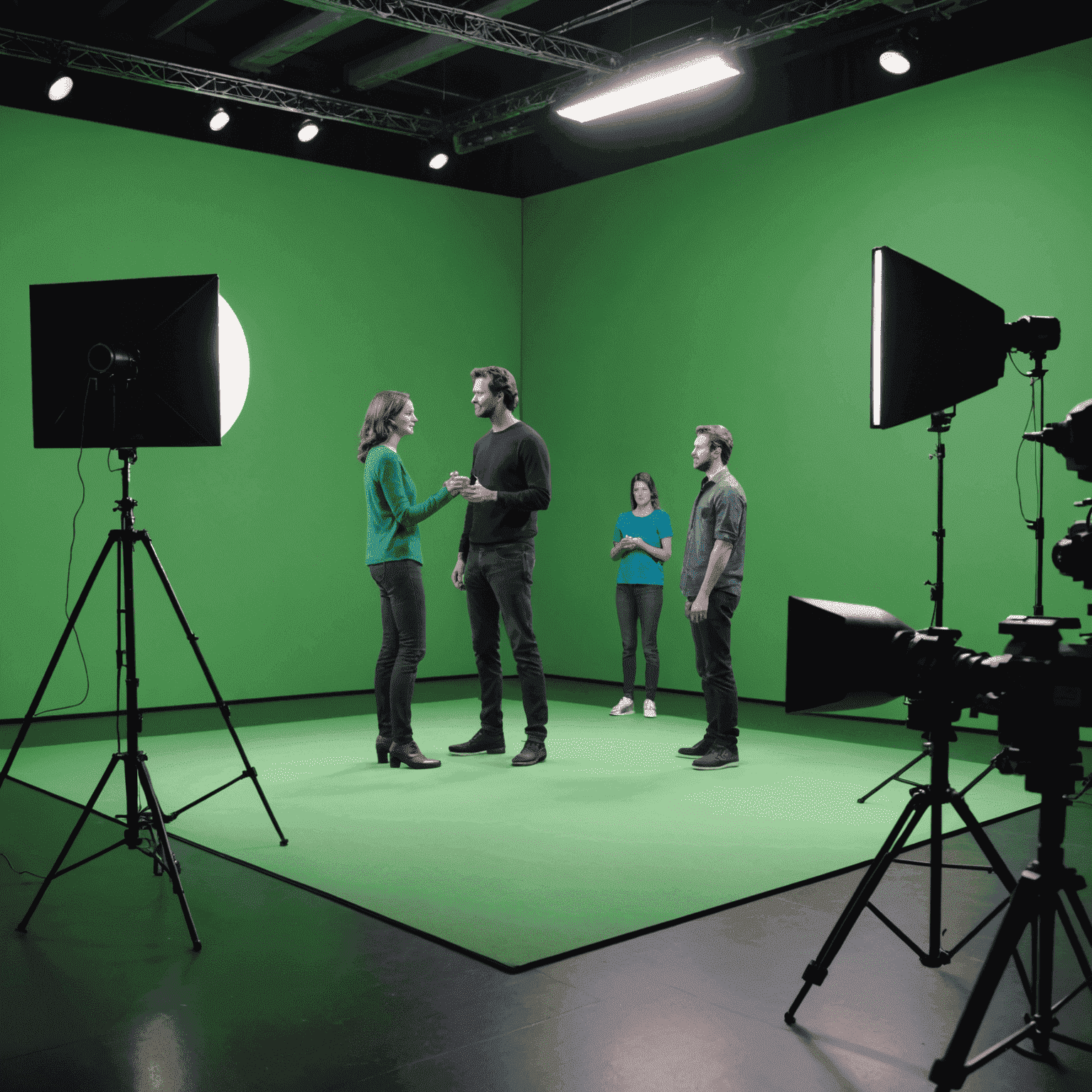 A behind-the-scenes image of actors performing in a green screen studio, with an inset showing the final CGI-enhanced scene from a popular American TV series