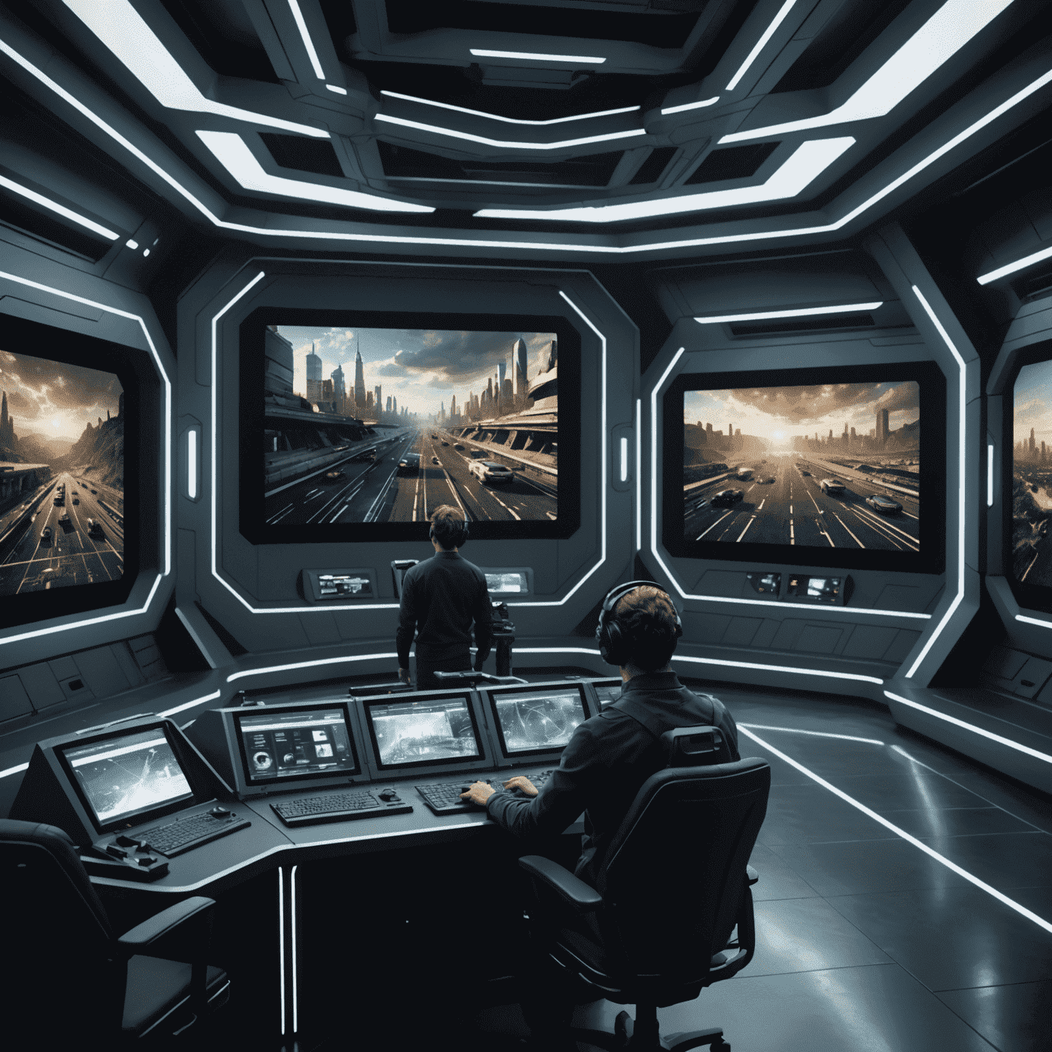 A futuristic concept image showing a film set with advanced virtual production screens and real-time CGI rendering technology, representing the next generation of filmmaking in the United States